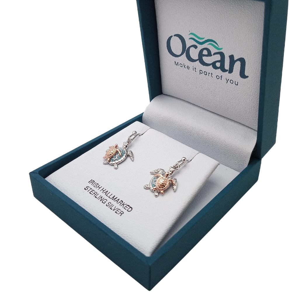 Sterling Silver and Rose Gold Mother & Baby Turtle Drop Earrings