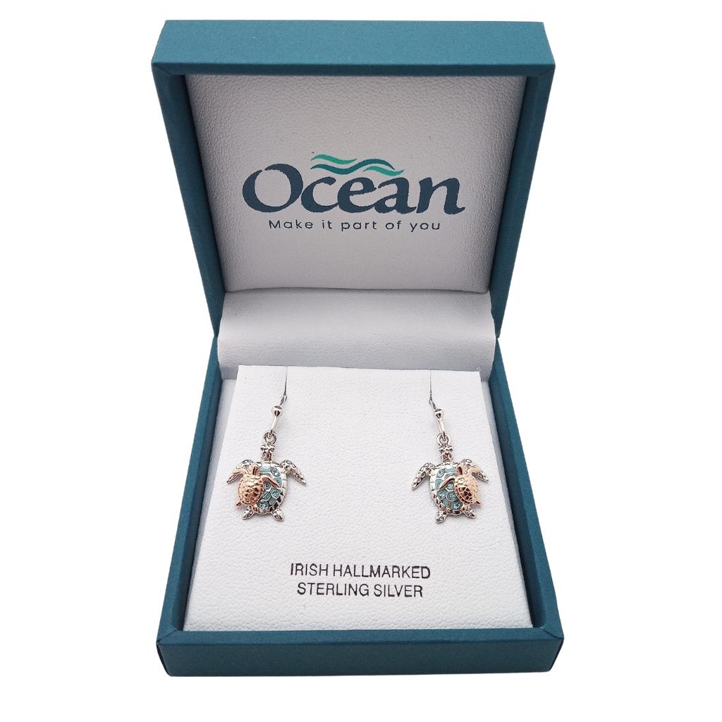 Sterling Silver and Rose Gold Mother & Baby Turtle Drop Earrings