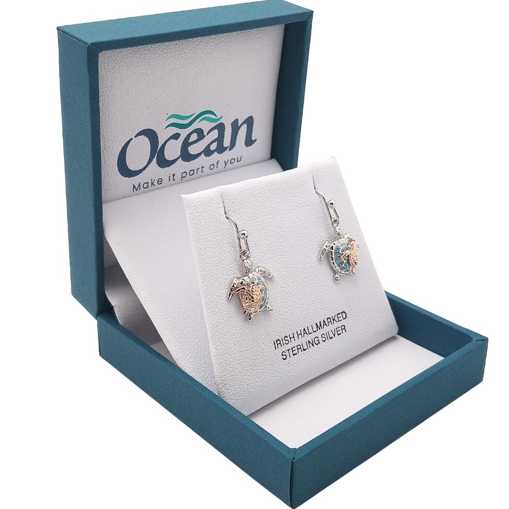 Sterling Silver and Rose Gold Mother & Baby Turtle Drop Earrings