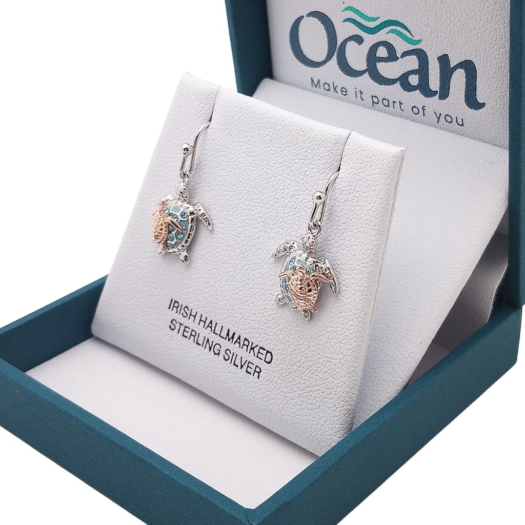 Sterling Silver and Rose Gold Mother & Baby Turtle Drop Earrings