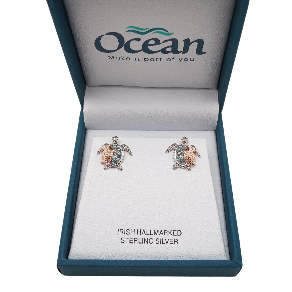Sterling Silver and Rose Gold Mother & Baby Turtle Stud Earrings