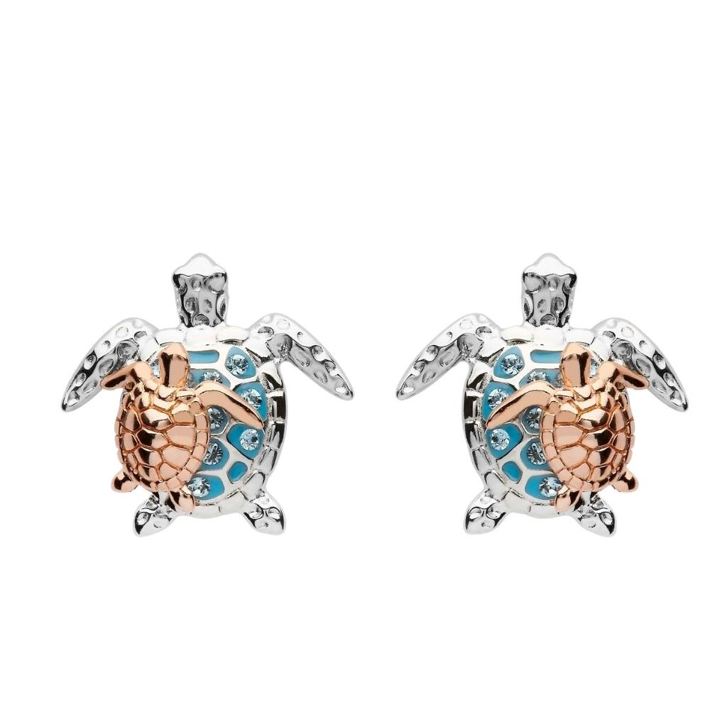 Sterling Silver and Rose Gold Mother & Baby Turtle Stud Earrings