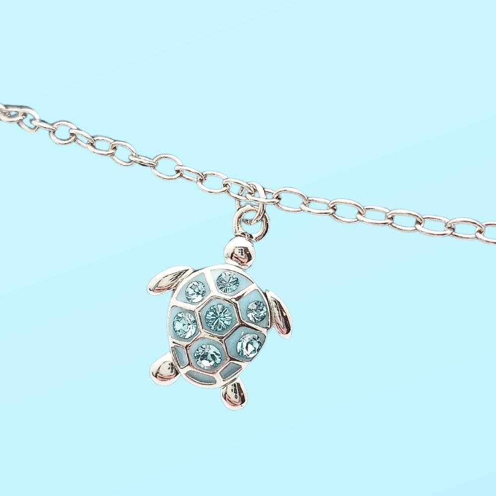 Sterling Silver Blue Turtle Anklet with Aqua Crystals