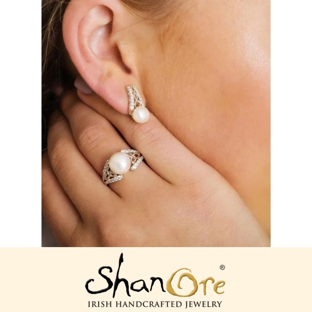 Sterling Silver Celtic Knot Crowned Pearl Earrings