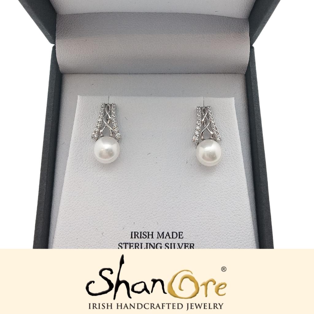 Sterling Silver Celtic Knot Crowned Pearl Earrings