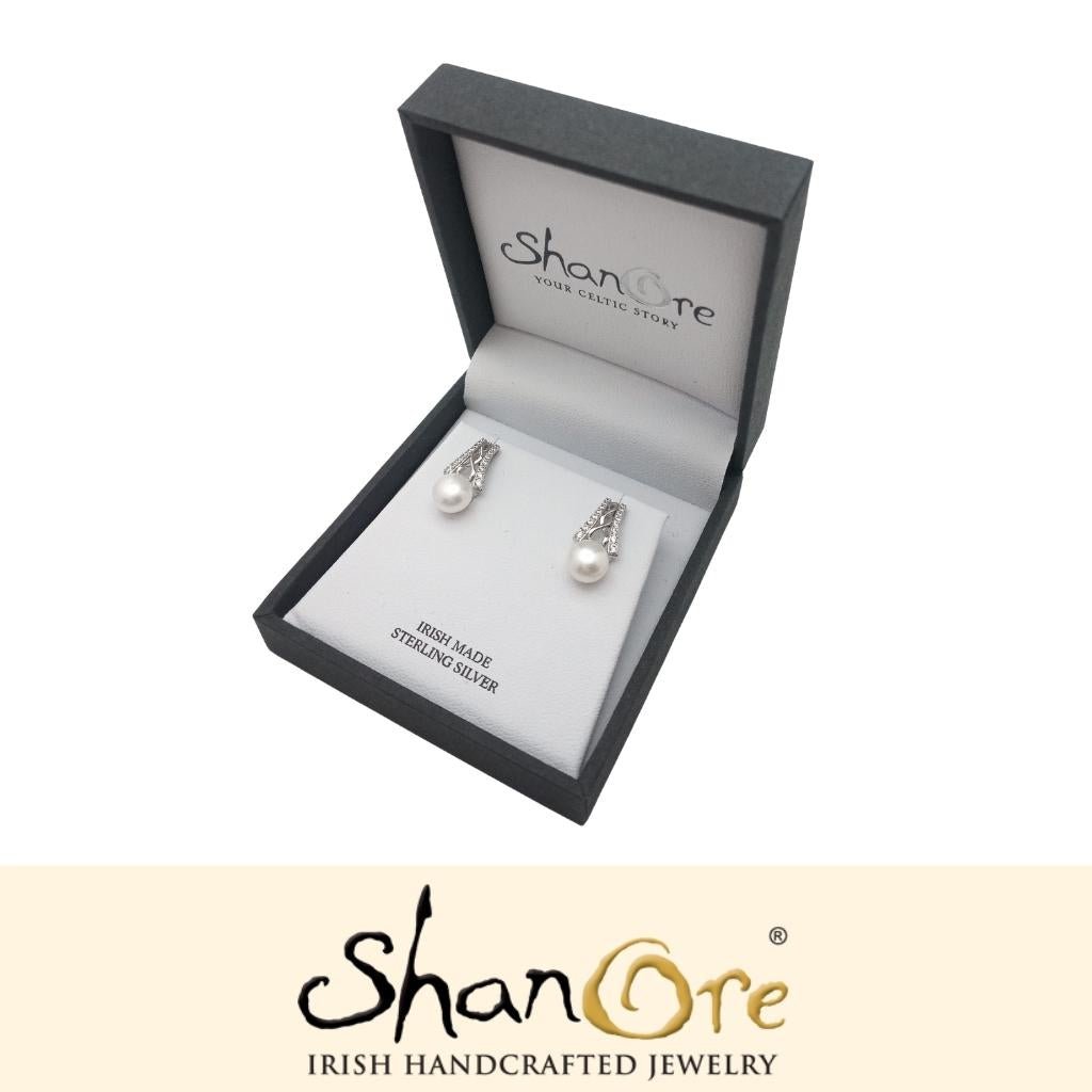 Sterling Silver Celtic Knot Crowned Pearl Earrings