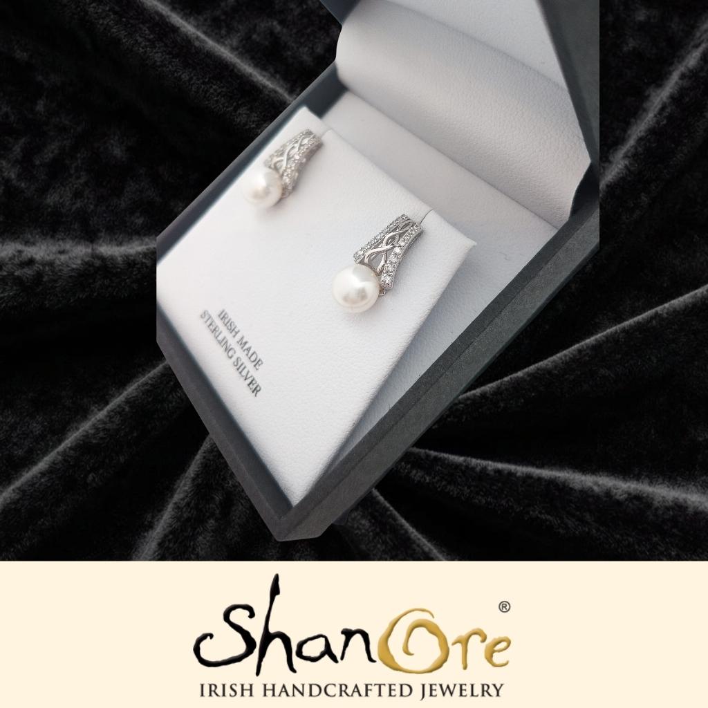 Sterling Silver Celtic Knot Crowned Pearl Earrings