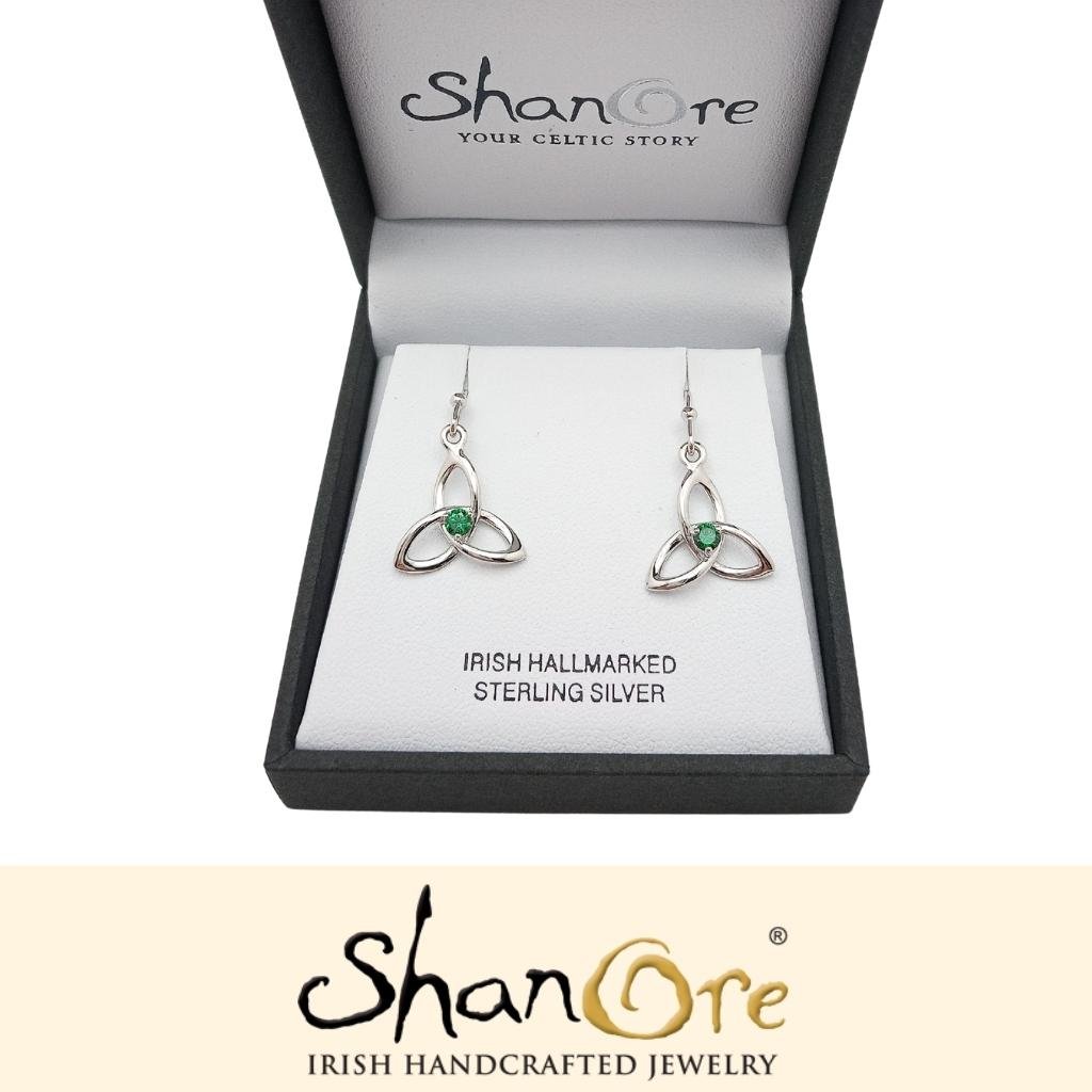 Sterling Silver Celtic Trinity Knot Earrings with Green CZ