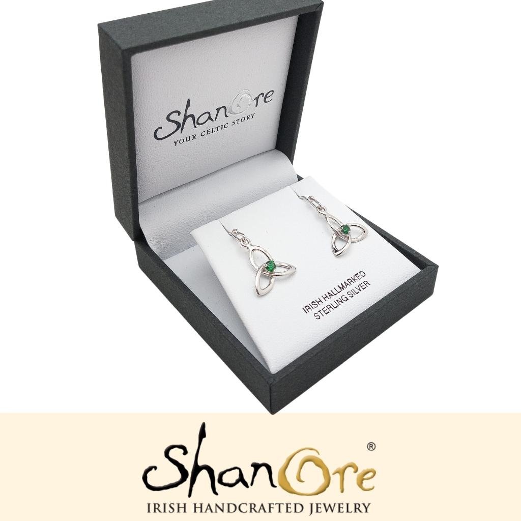 Sterling Silver Celtic Trinity Knot Earrings with Green CZ