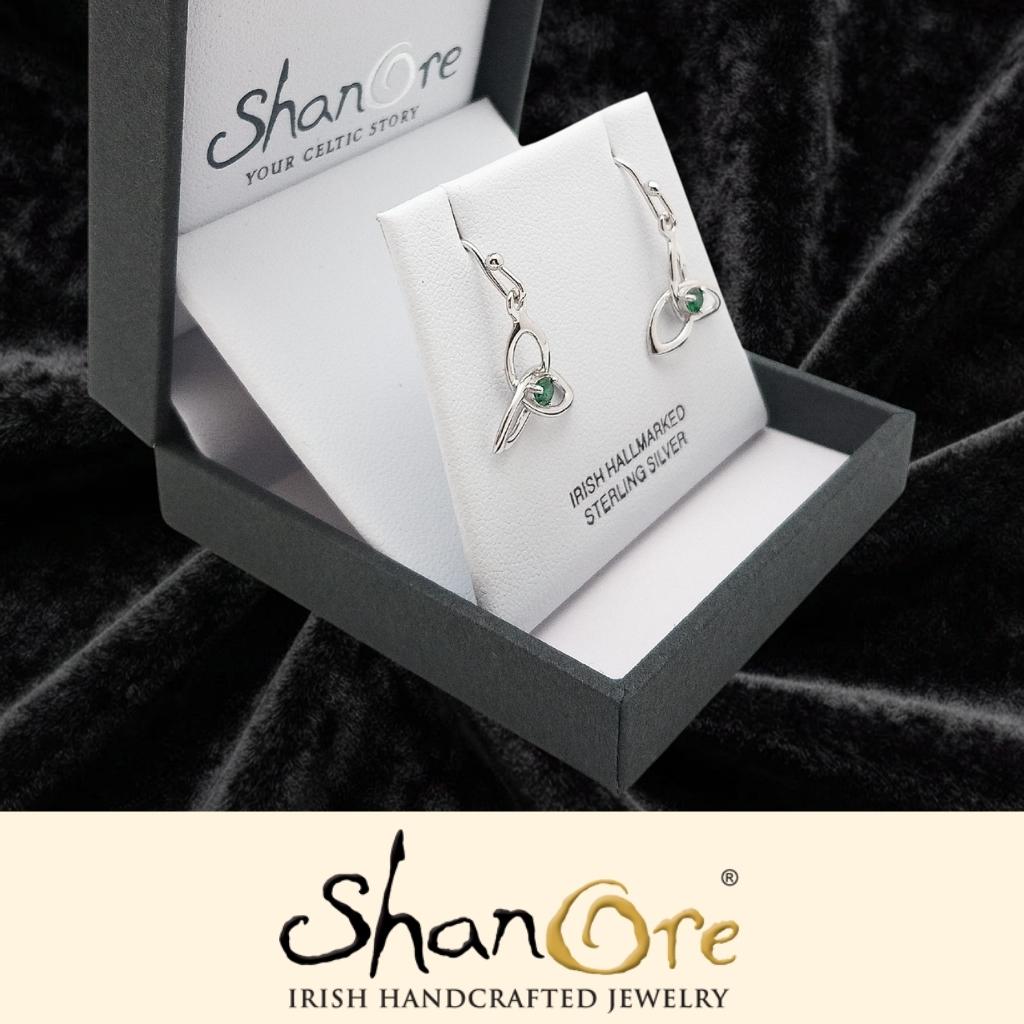 Sterling Silver Celtic Trinity Knot Earrings with Green CZ