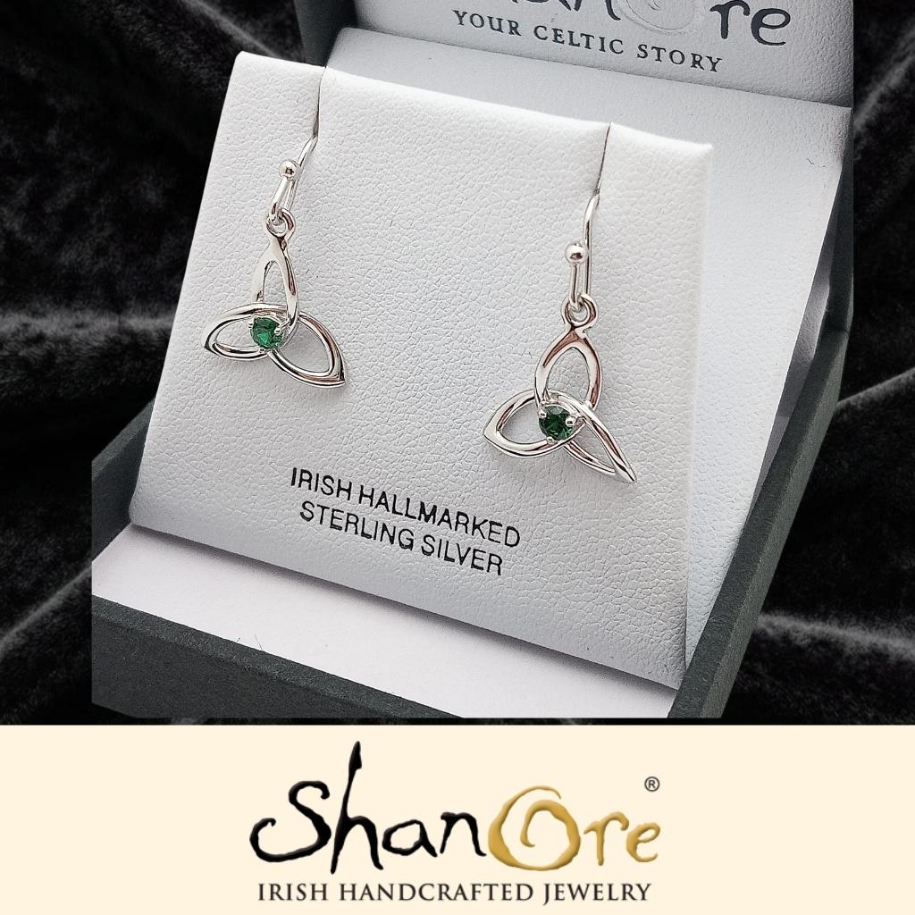Sterling Silver Celtic Trinity Knot Earrings with Green CZ