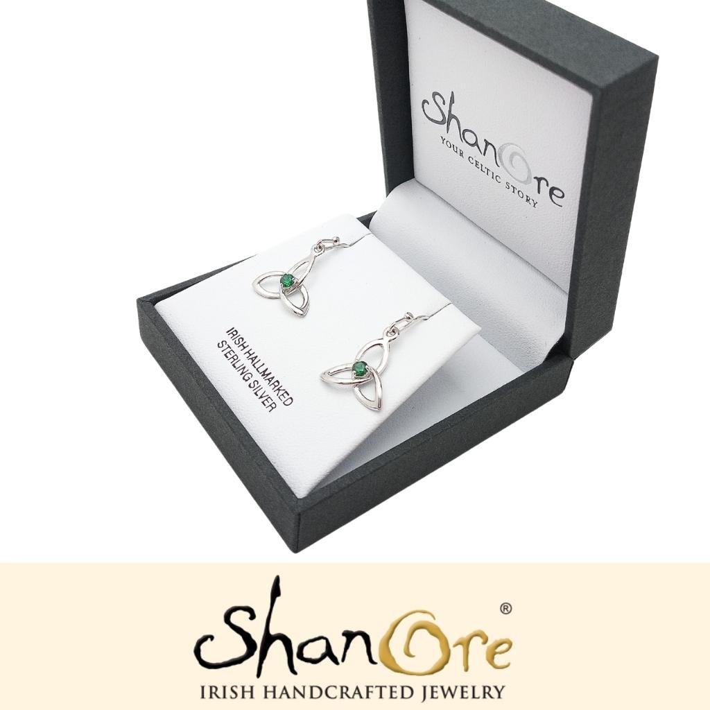 Sterling Silver Celtic Trinity Knot Earrings with Green CZ