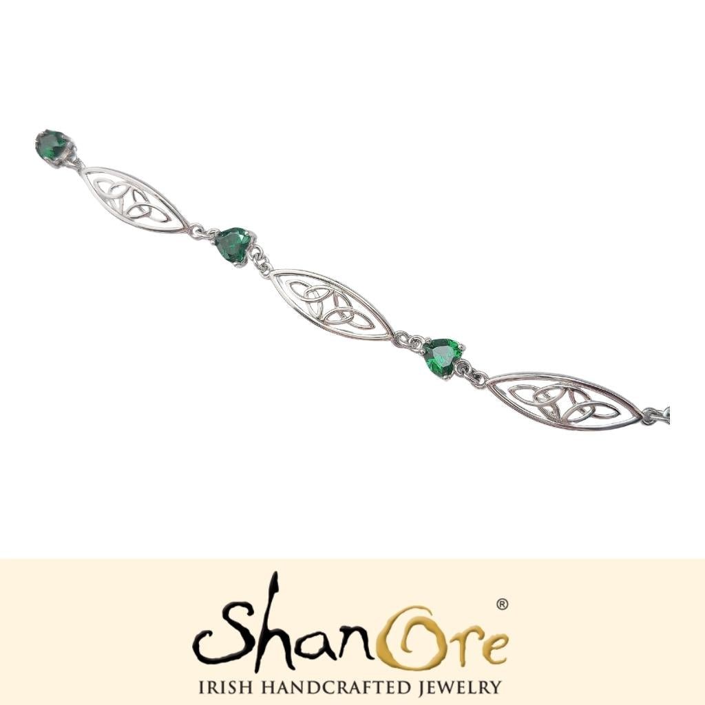 Sterling Silver Celtic Trinity Knot Green Heart Bracelet