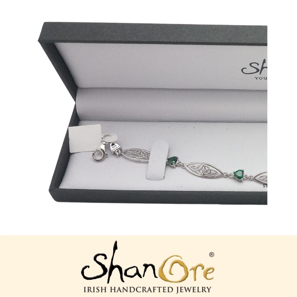 Sterling Silver Celtic Trinity Knot Green Heart Bracelet