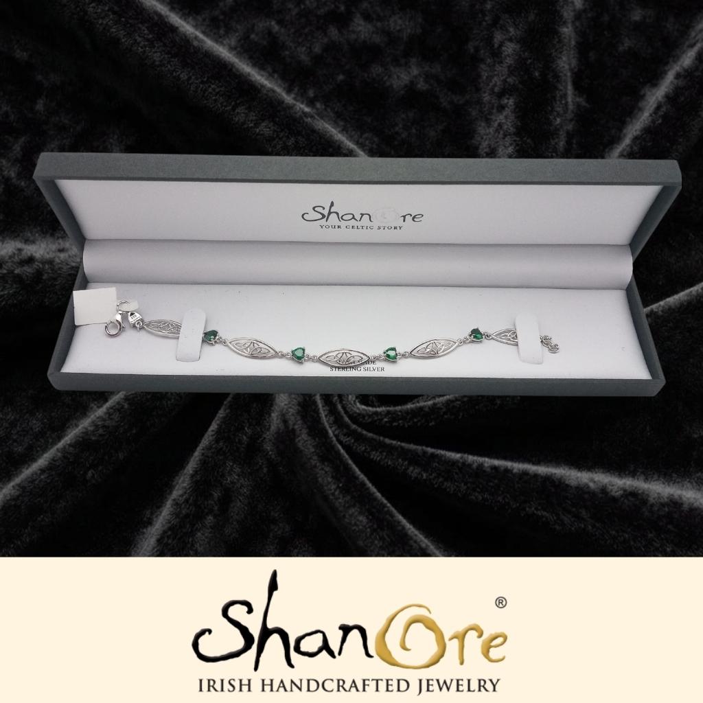 Sterling Silver Celtic Trinity Knot Green Heart Bracelet