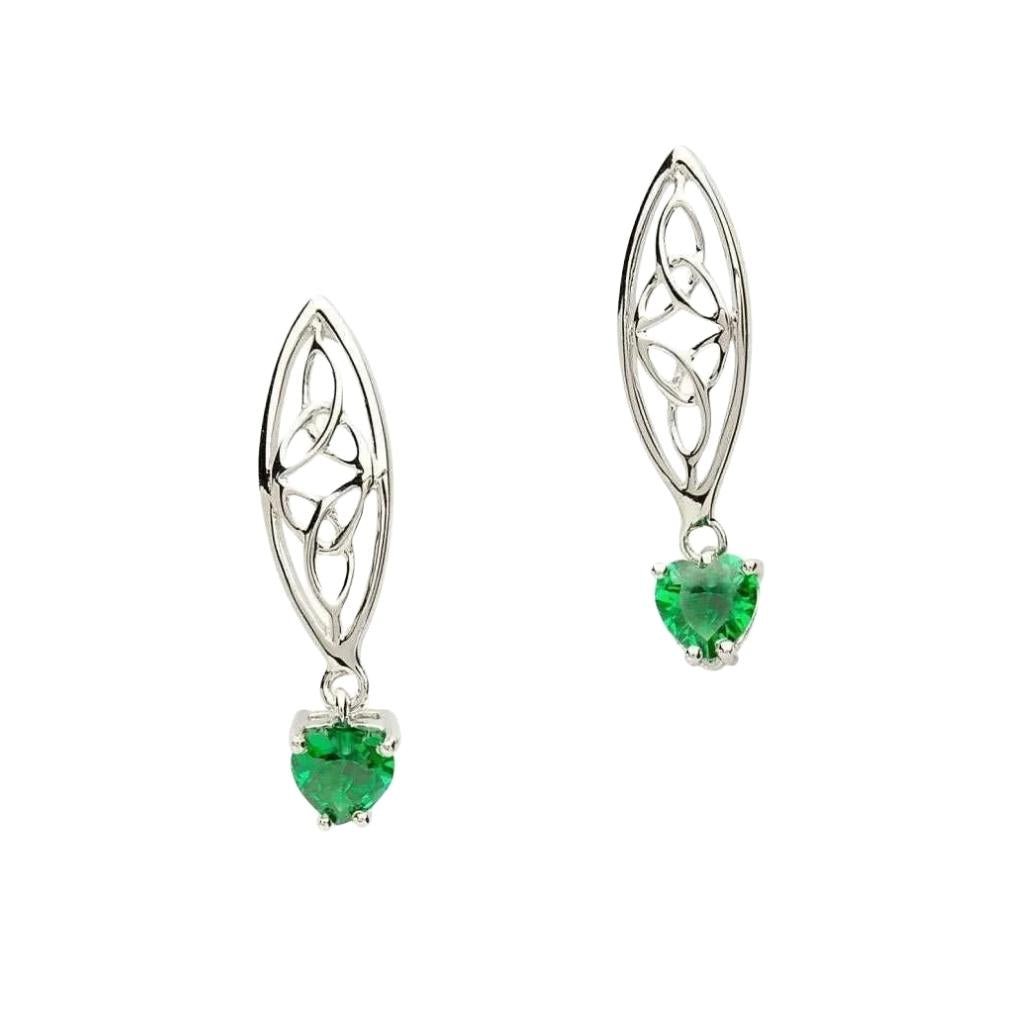 Sterling Silver Celtic Trinity Knot Green Heart Earrings