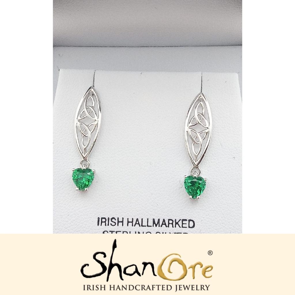 Sterling Silver Celtic Trinity Knot Green Heart Earrings