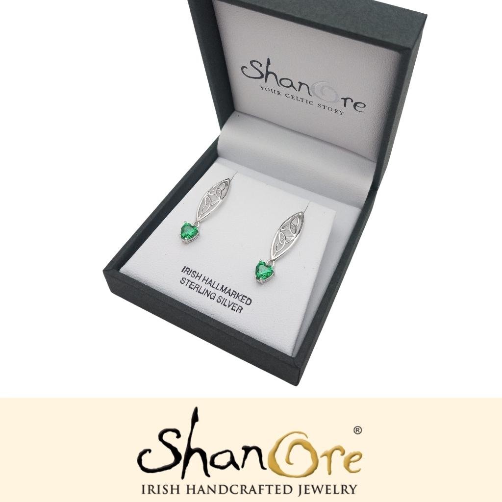 Sterling Silver Celtic Trinity Knot Green Heart Earrings