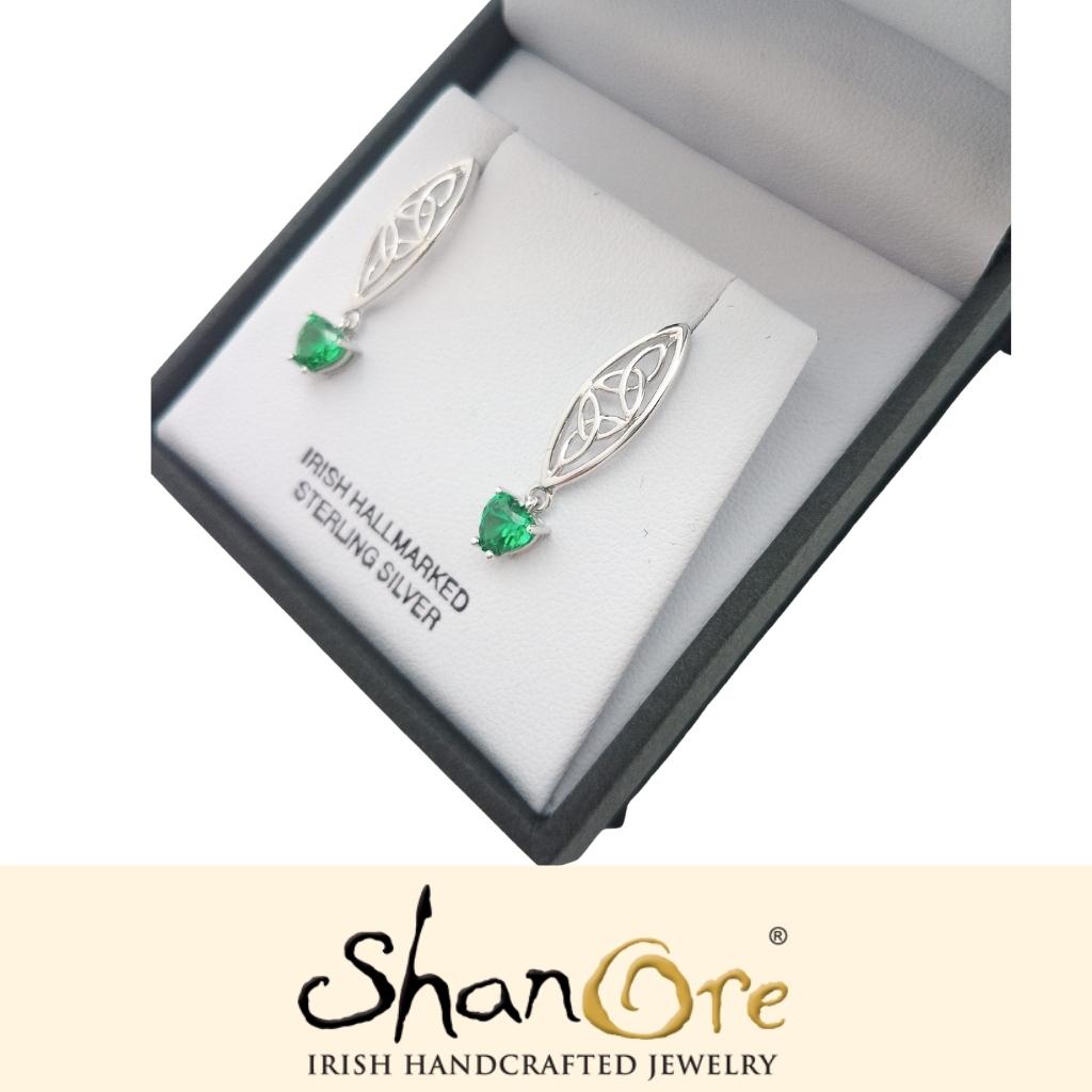 Sterling Silver Celtic Trinity Knot Green Heart Earrings
