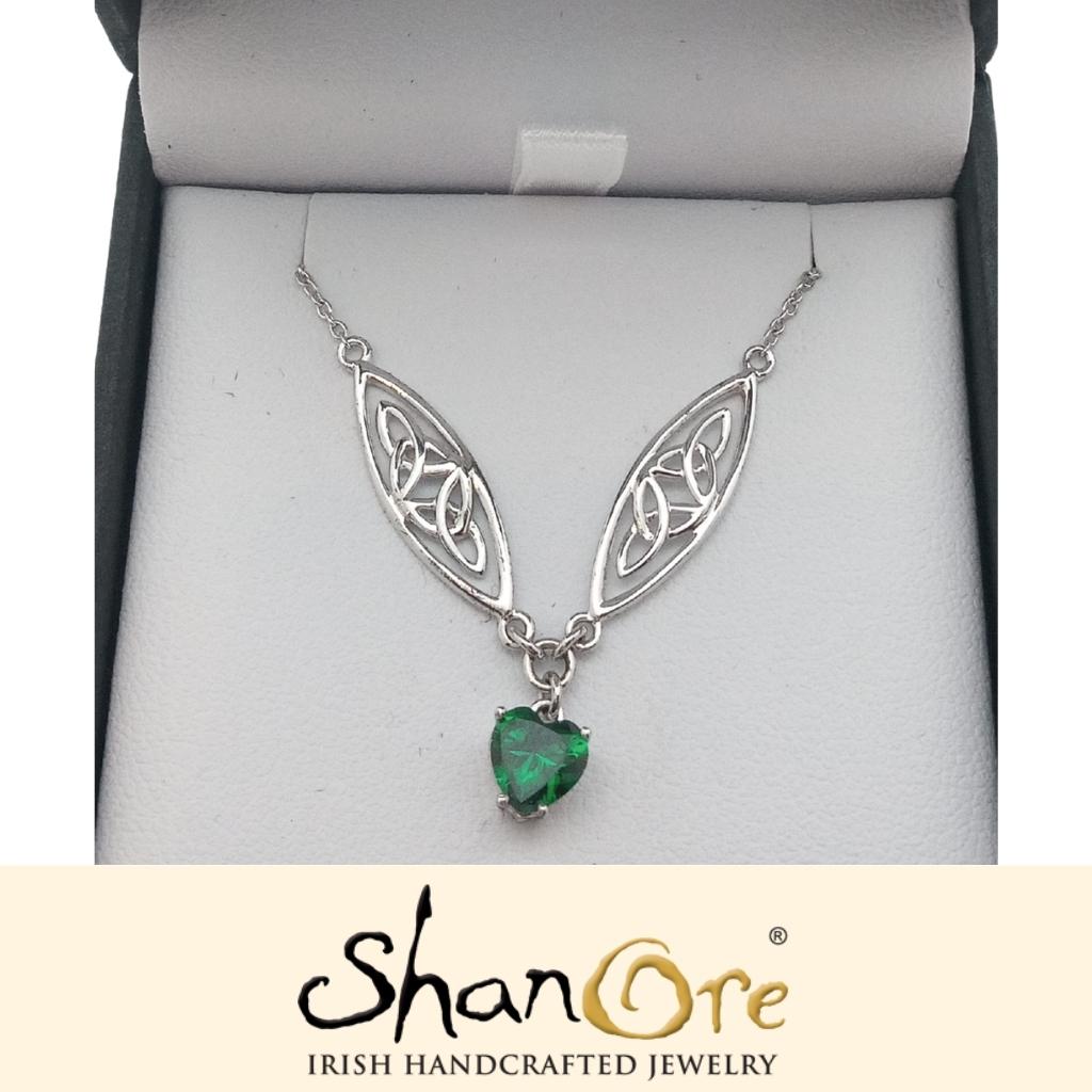 Sterling Silver Celtic Trinity Knot Green Heart Necklace