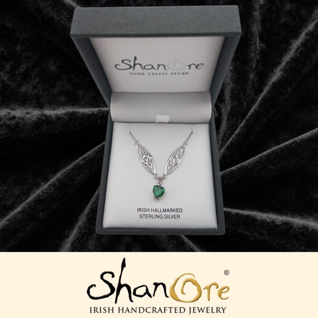 Sterling Silver Celtic Trinity Knot Green Heart Necklace