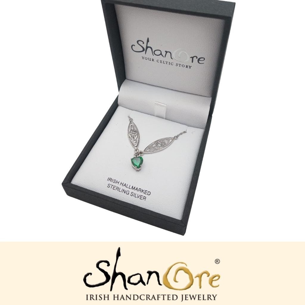 Sterling Silver Celtic Trinity Knot Green Heart Necklace