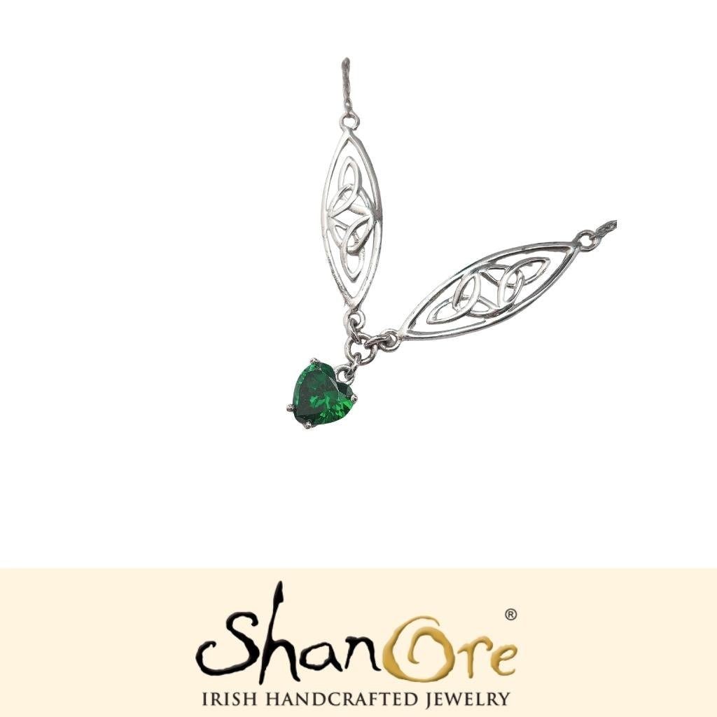 Sterling Silver Celtic Trinity Knot Green Heart Necklace