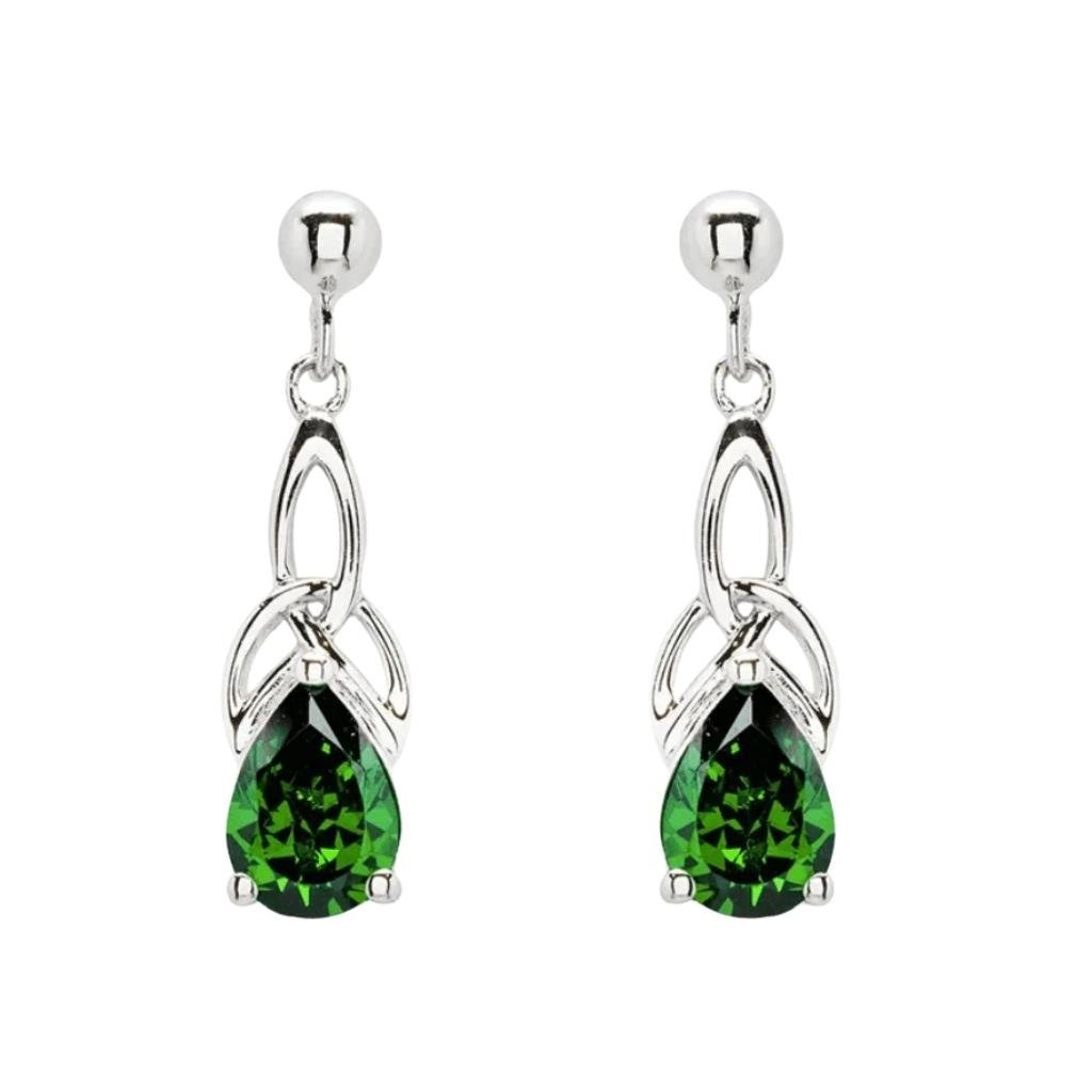 Sterling Silver Celtic Trinity Knot Green Pear Earrings
