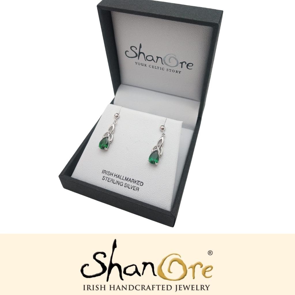 Sterling Silver Celtic Trinity Knot Green Pear Earrings