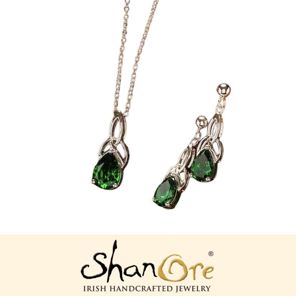 Sterling Silver Celtic Trinity Knot Green Pear Earrings