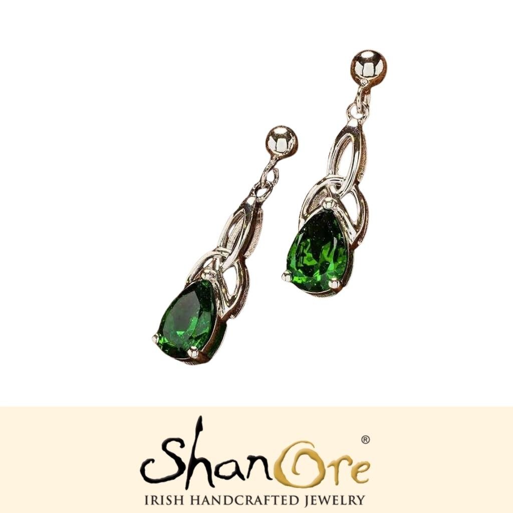Sterling Silver Celtic Trinity Knot Green Pear Earrings