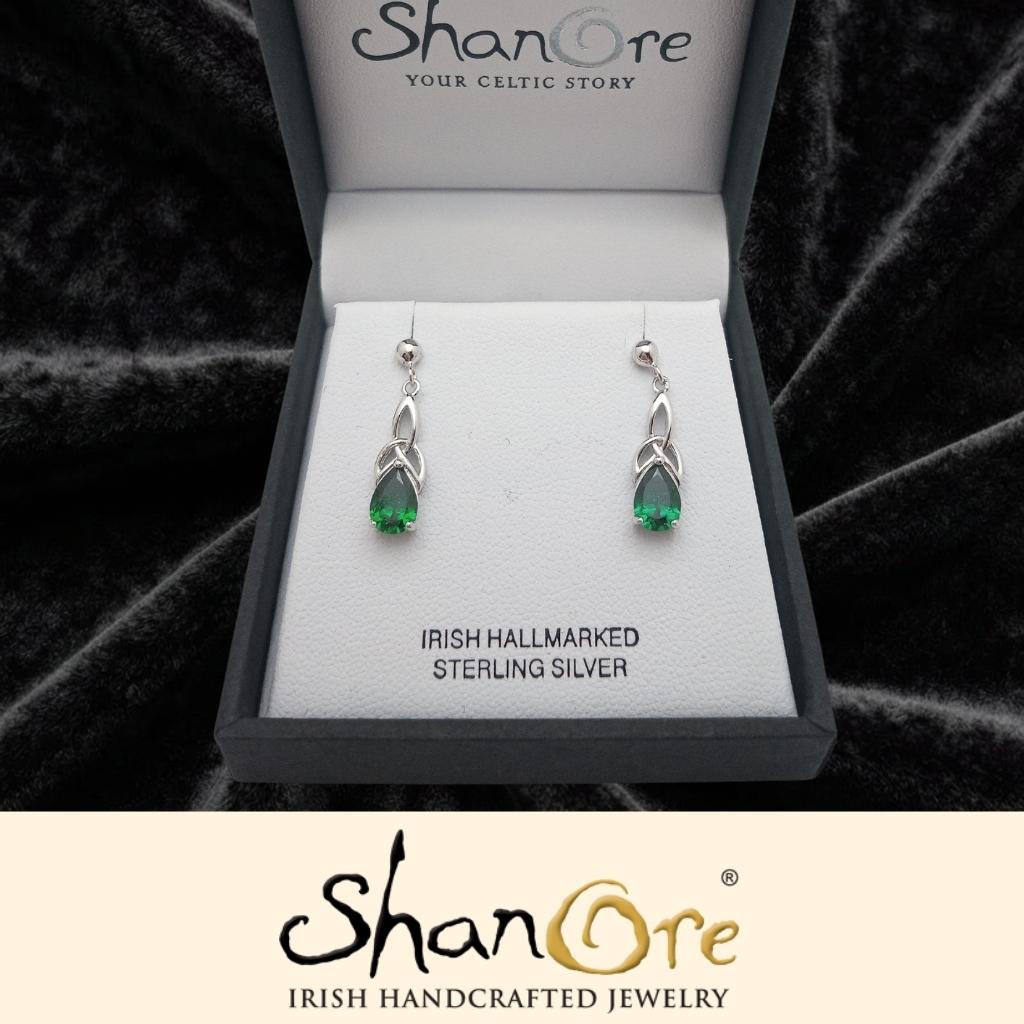 Sterling Silver Celtic Trinity Knot Green Pear Earrings