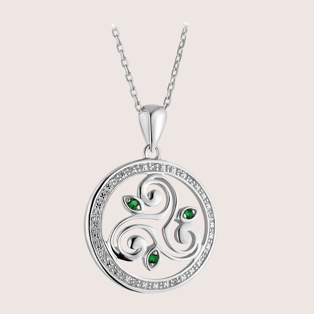 Sterling Silver Celtic Triple Spiral Necklace With Green Crystals