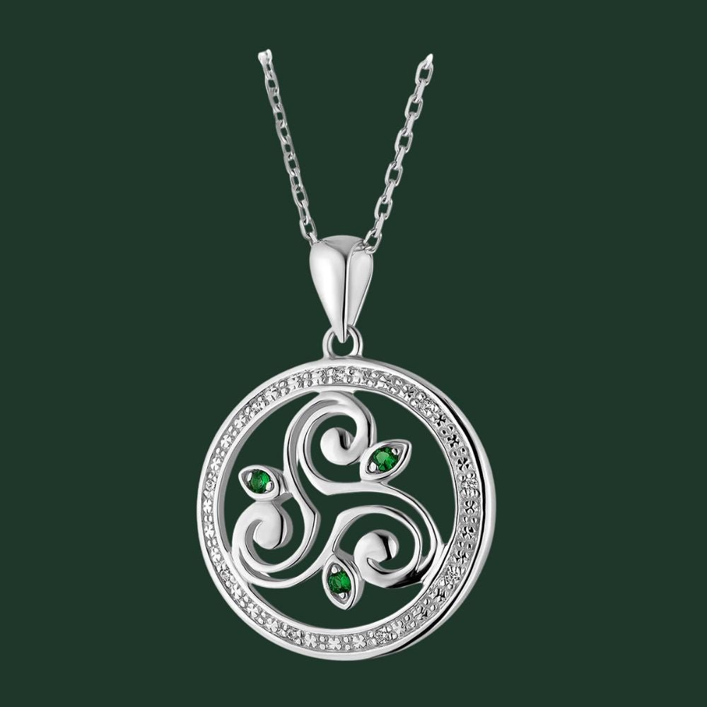 Sterling Silver Celtic Triple Spiral Necklace With Green Crystals