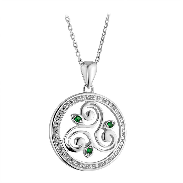 Sterling Silver Celtic Triple Spiral Necklace with Green Crystals - The Celtic Gift Store - Necklaces