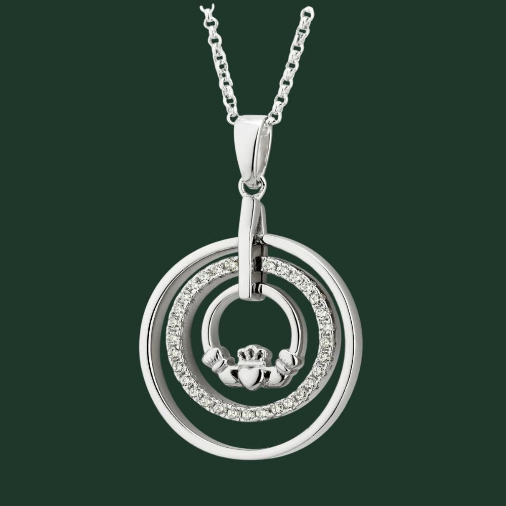 Sterling Silver Claddagh and CZ Circle Necklace