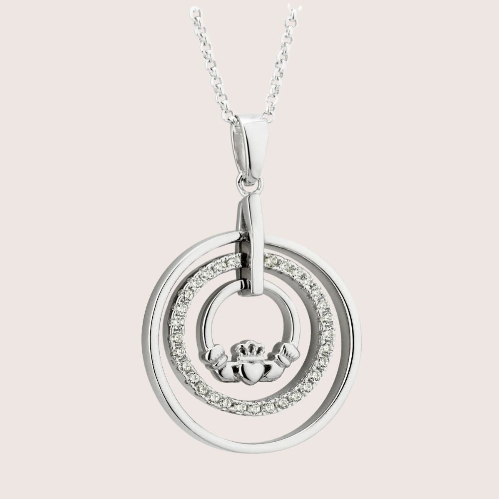 Sterling Silver Claddagh and CZ Circle Necklace