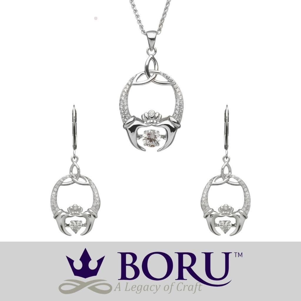 Sterling Silver Claddagh and Trinity Knot Dancing Stone Necklace