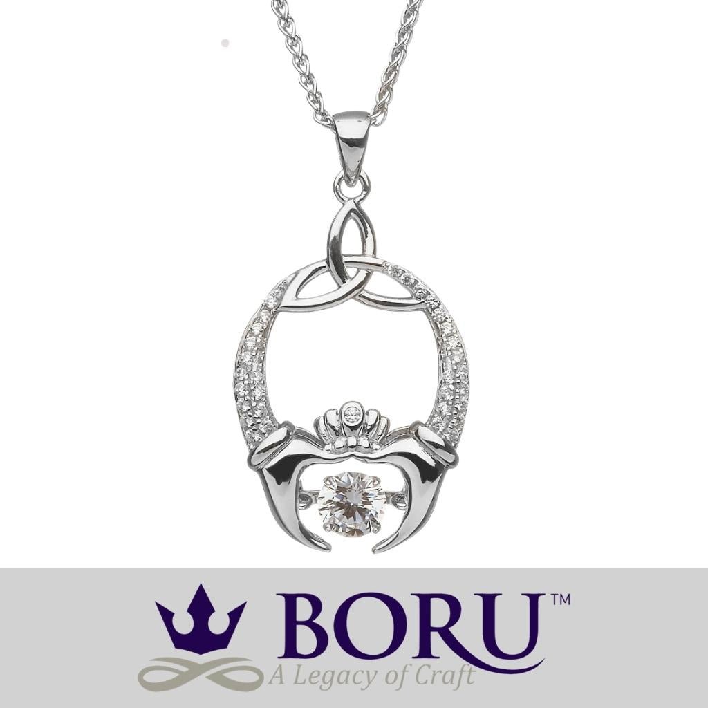 Sterling Silver Claddagh and Trinity Knot Dancing Stone Necklace