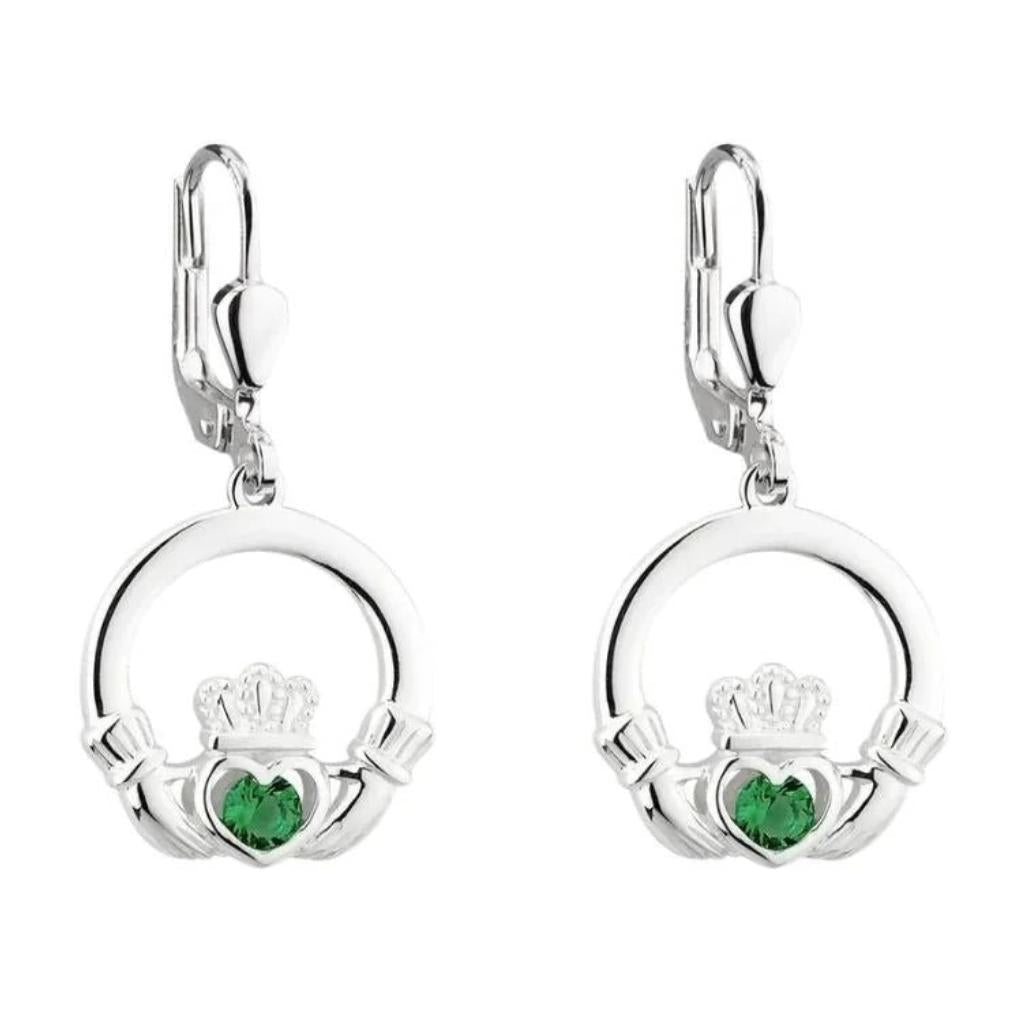 Sterling Silver Claddagh Drop Earrings with Green Stones