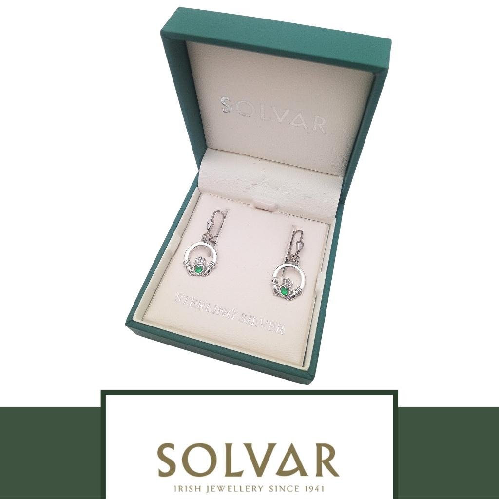 Sterling Silver Claddagh Drop Earrings with Green Stones