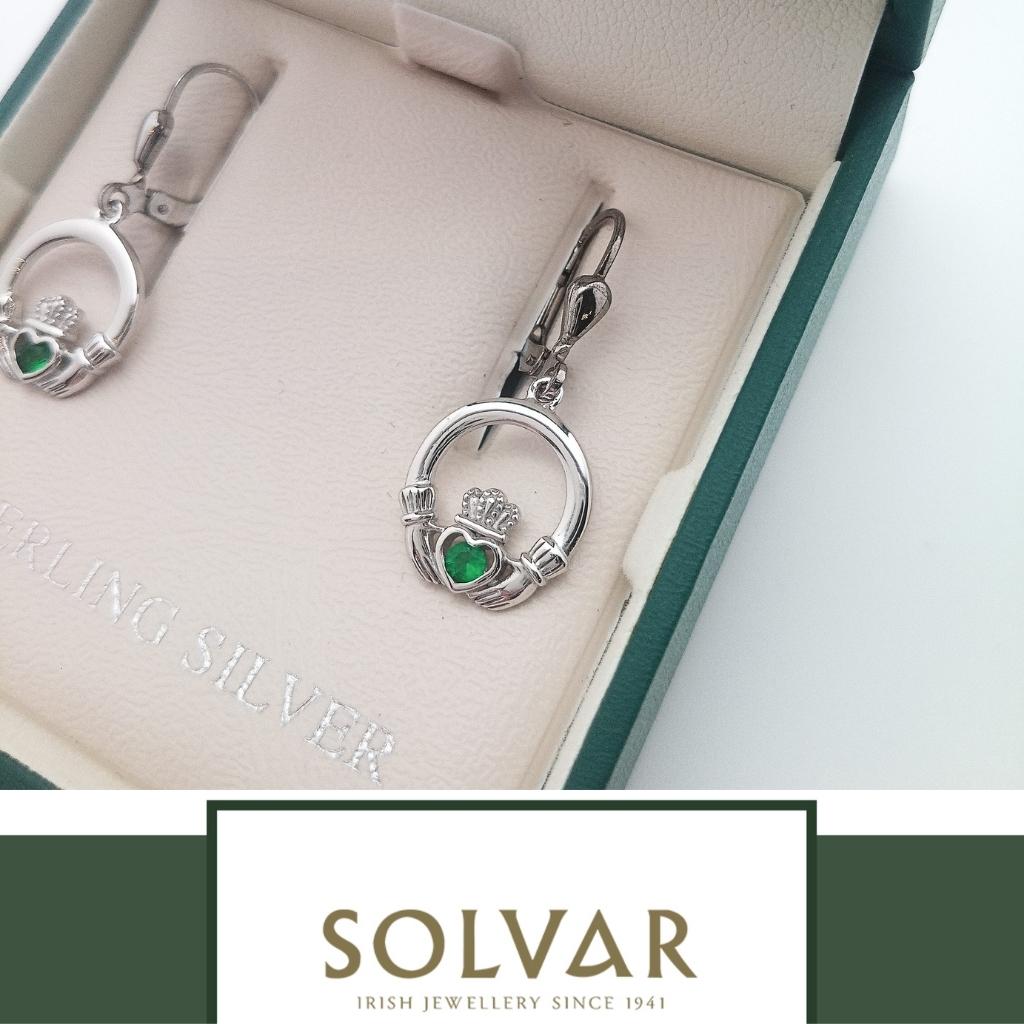 Sterling Silver Claddagh Drop Earrings with Green Stones