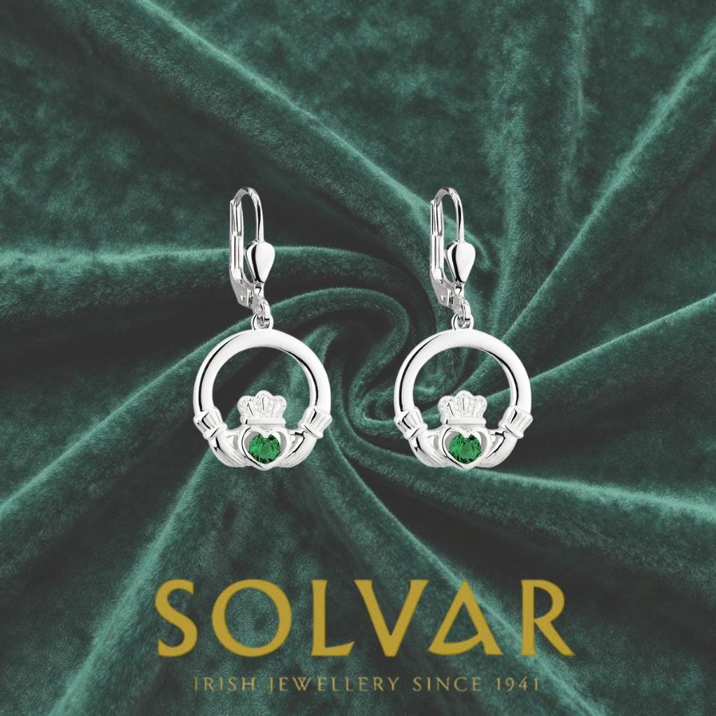 Sterling Silver Claddagh Drop Earrings with Green Stones