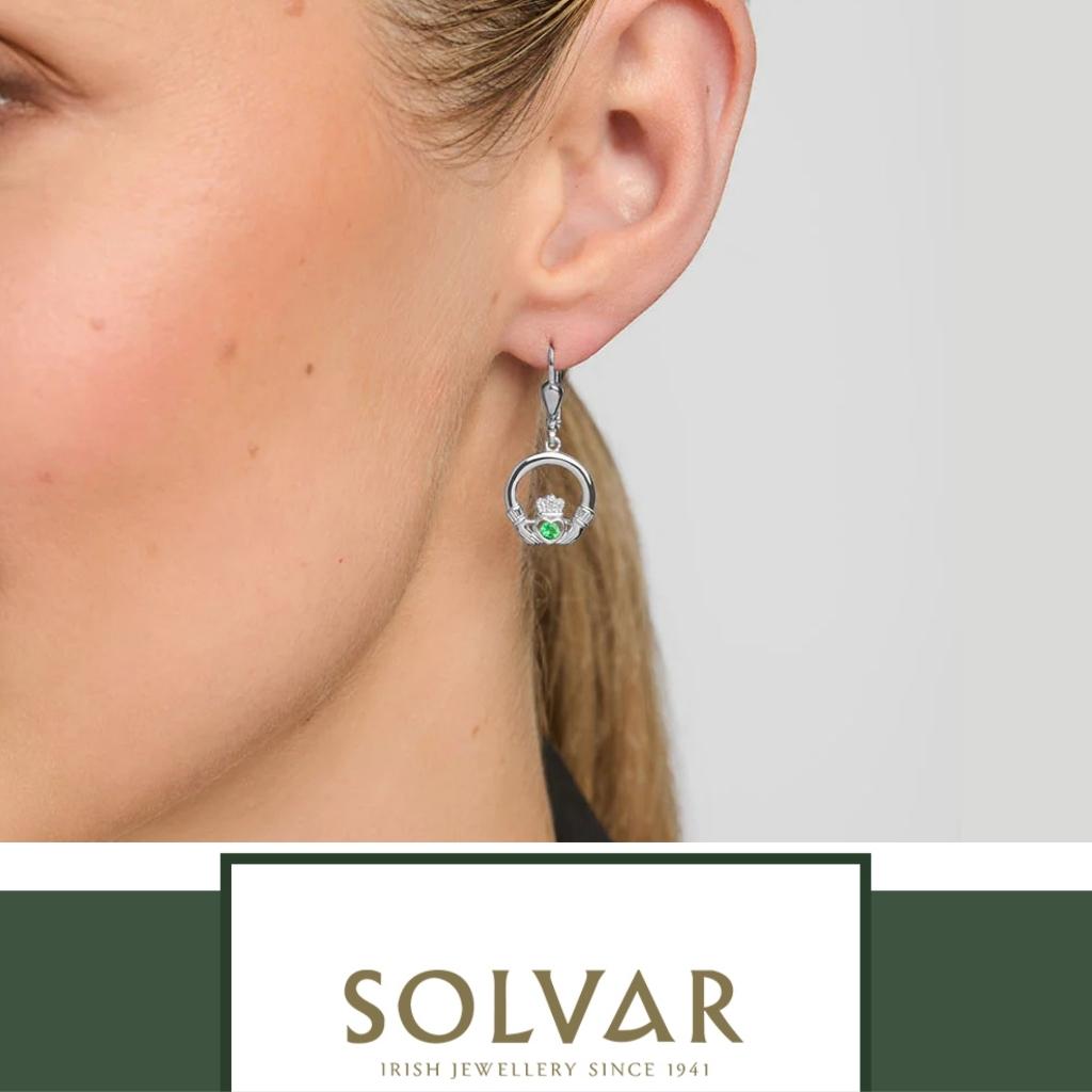 Sterling Silver Claddagh Drop Earrings with Green Stones