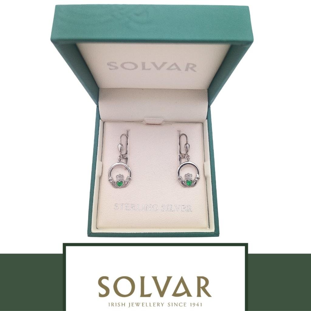 Sterling Silver Claddagh Drop Earrings with Green Stones