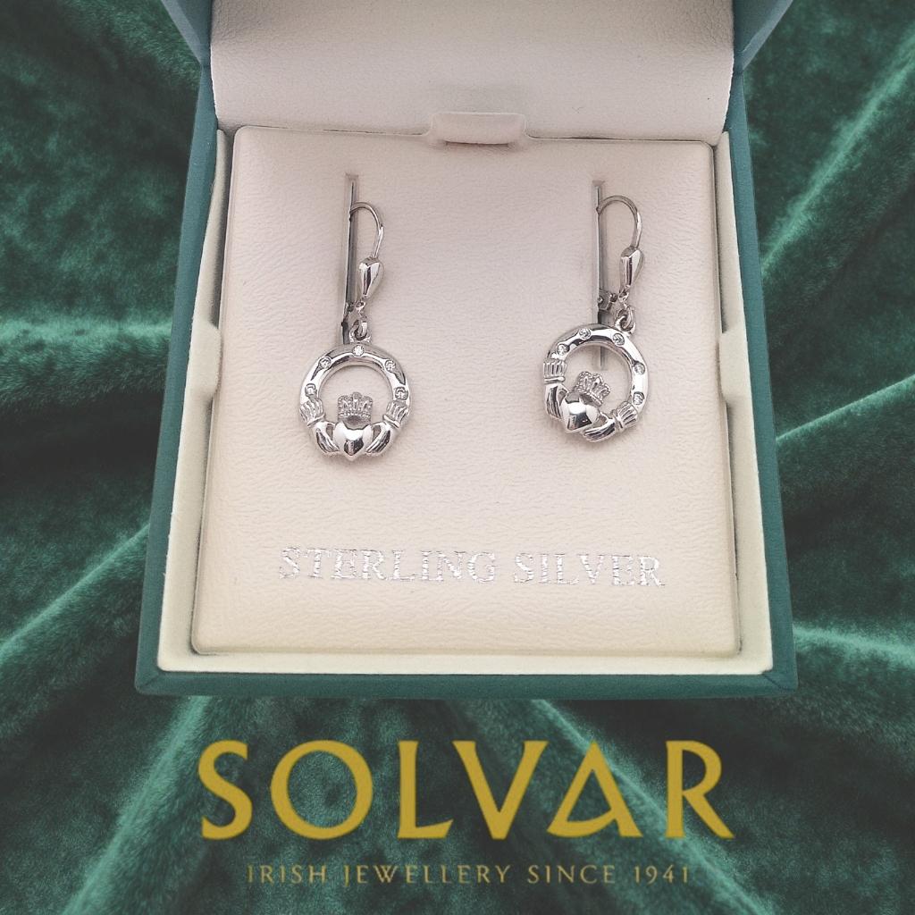 Sterling Silver Claddagh Earrings With Flush Set CZ