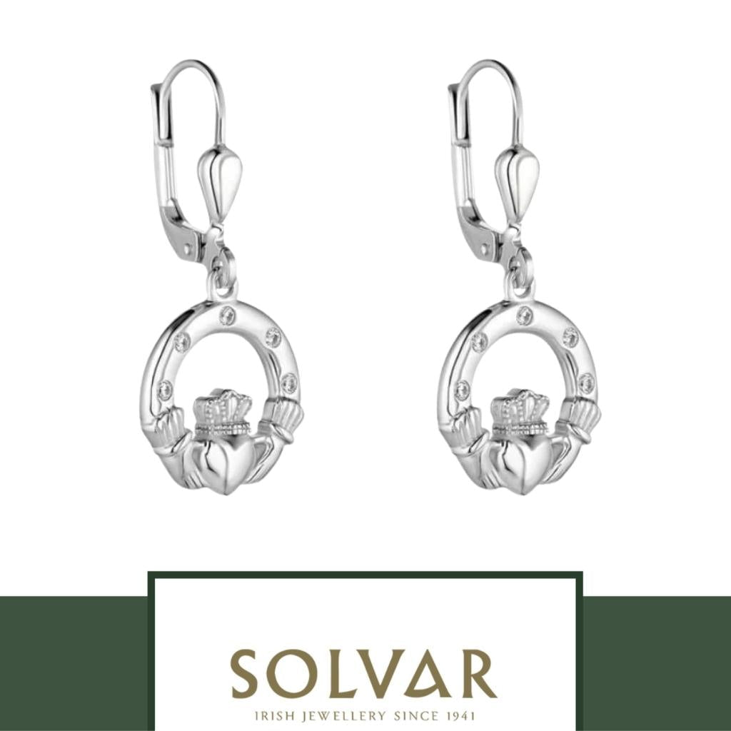 Sterling Silver Claddagh Earrings With Flush Set CZ