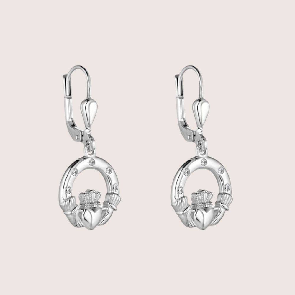 Sterling Silver Claddagh Earrings With Flush Set CZ