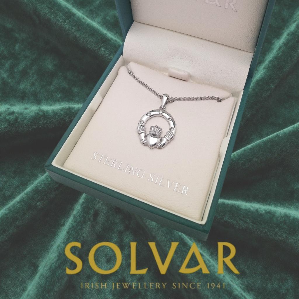 Sterling Silver Claddagh Necklace With Flush Set CZ