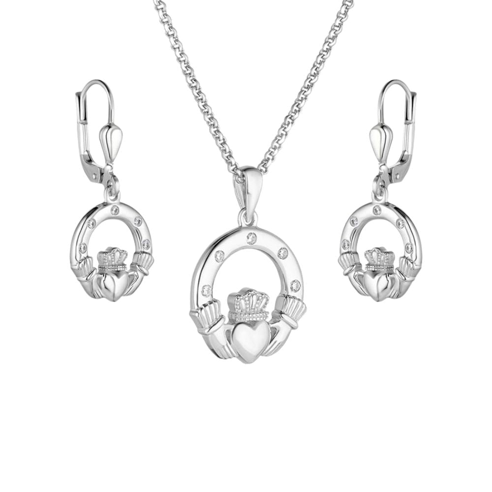 Sterling Silver Claddagh Necklace With Flush Set CZ